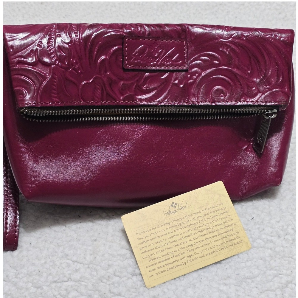 Patricia Nash Valerie Fold-over Wristlet Plum Purple Floral Embossed Leather Bag - Picture 2 of 13